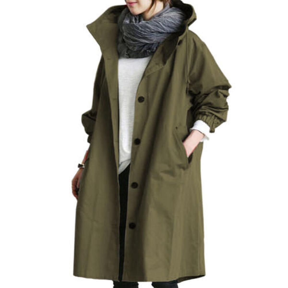Women&#39;s Long Trench Coat With Hood For Transitional Seasons