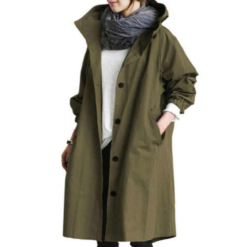 Women&#39;s Long Trench Coat With Hood For Transitional Seasons