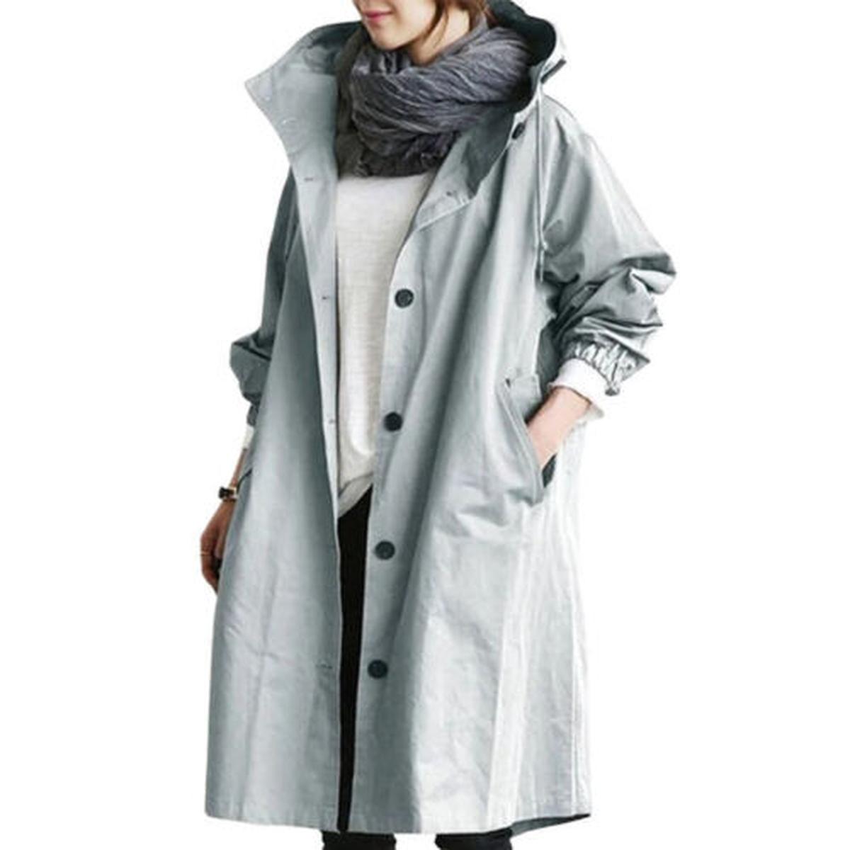 Women&#39;s Long Trench Coat With Hood For Transitional Seasons