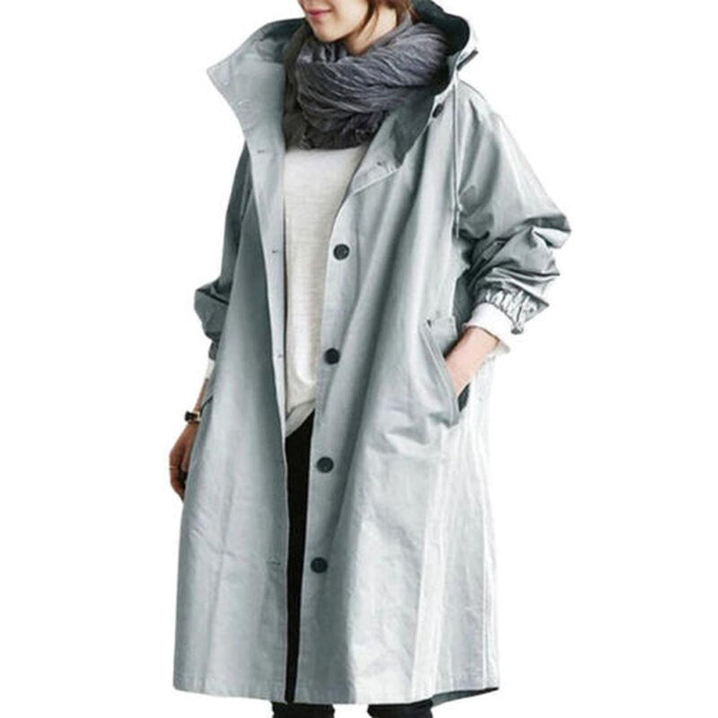 Women&#39;s Long Trench Coat With Hood For Transitional Seasons