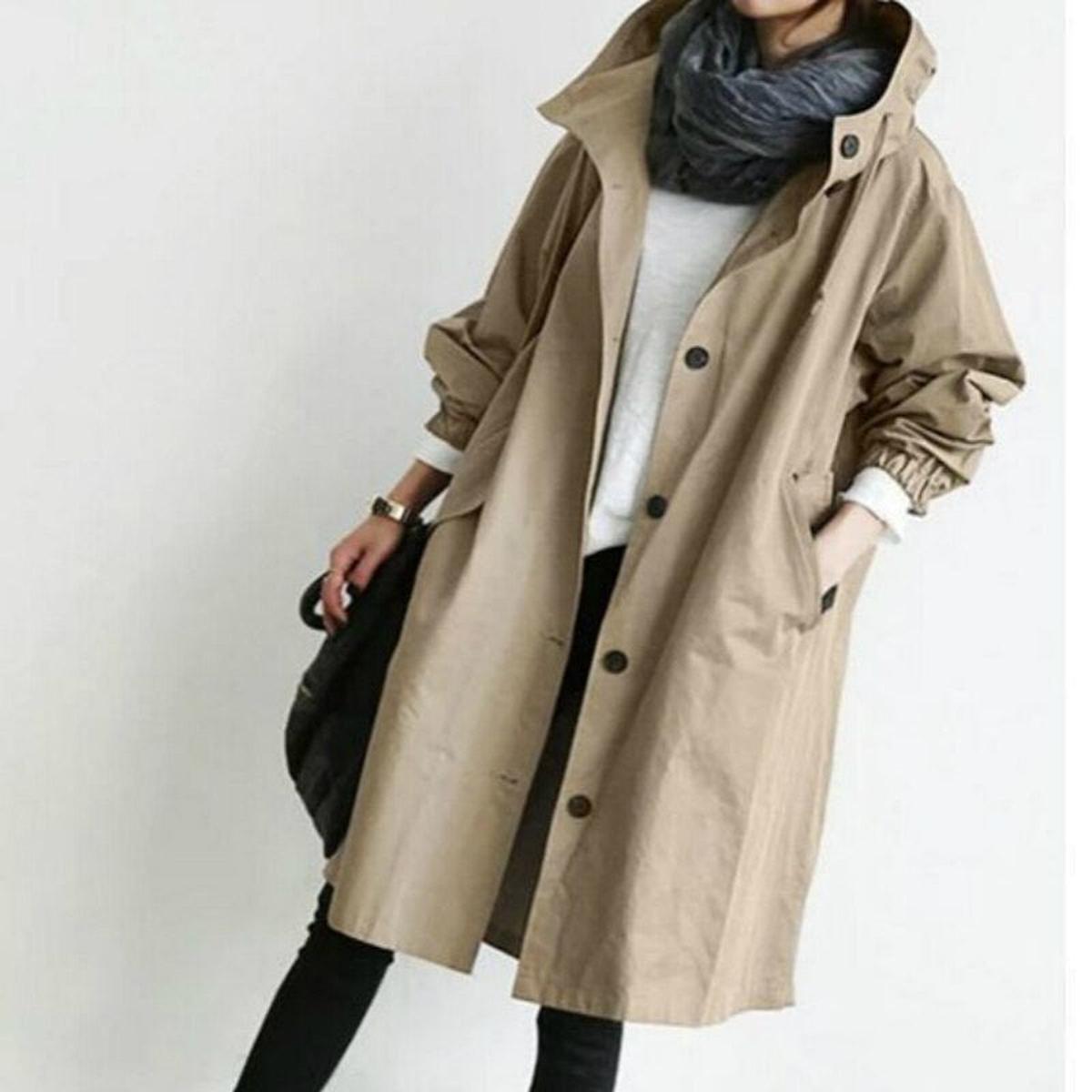 Women&#39;s Long Trench Coat With Hood For Transitional Seasons
