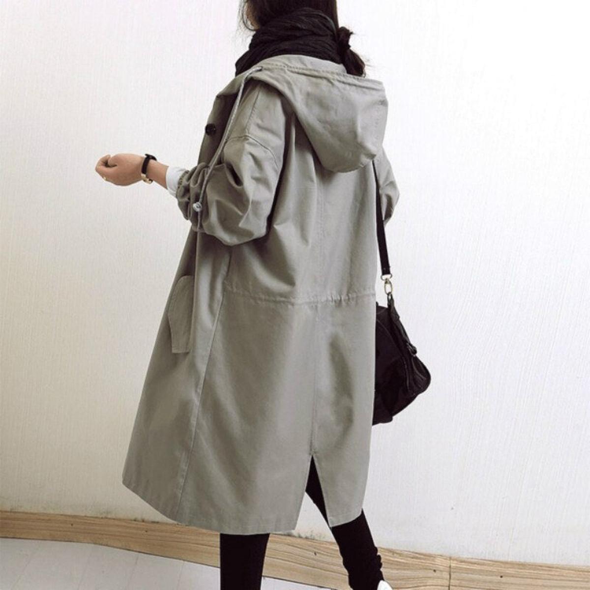 Women&#39;s Long Trench Coat With Hood For Transitional Seasons