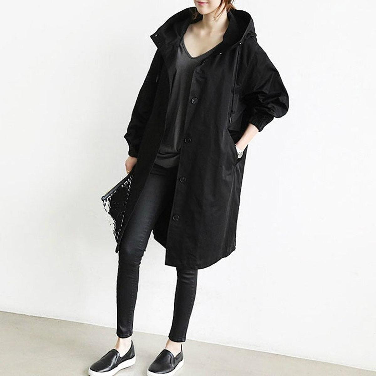 Women&#39;s Long Trench Coat With Hood For Transitional Seasons