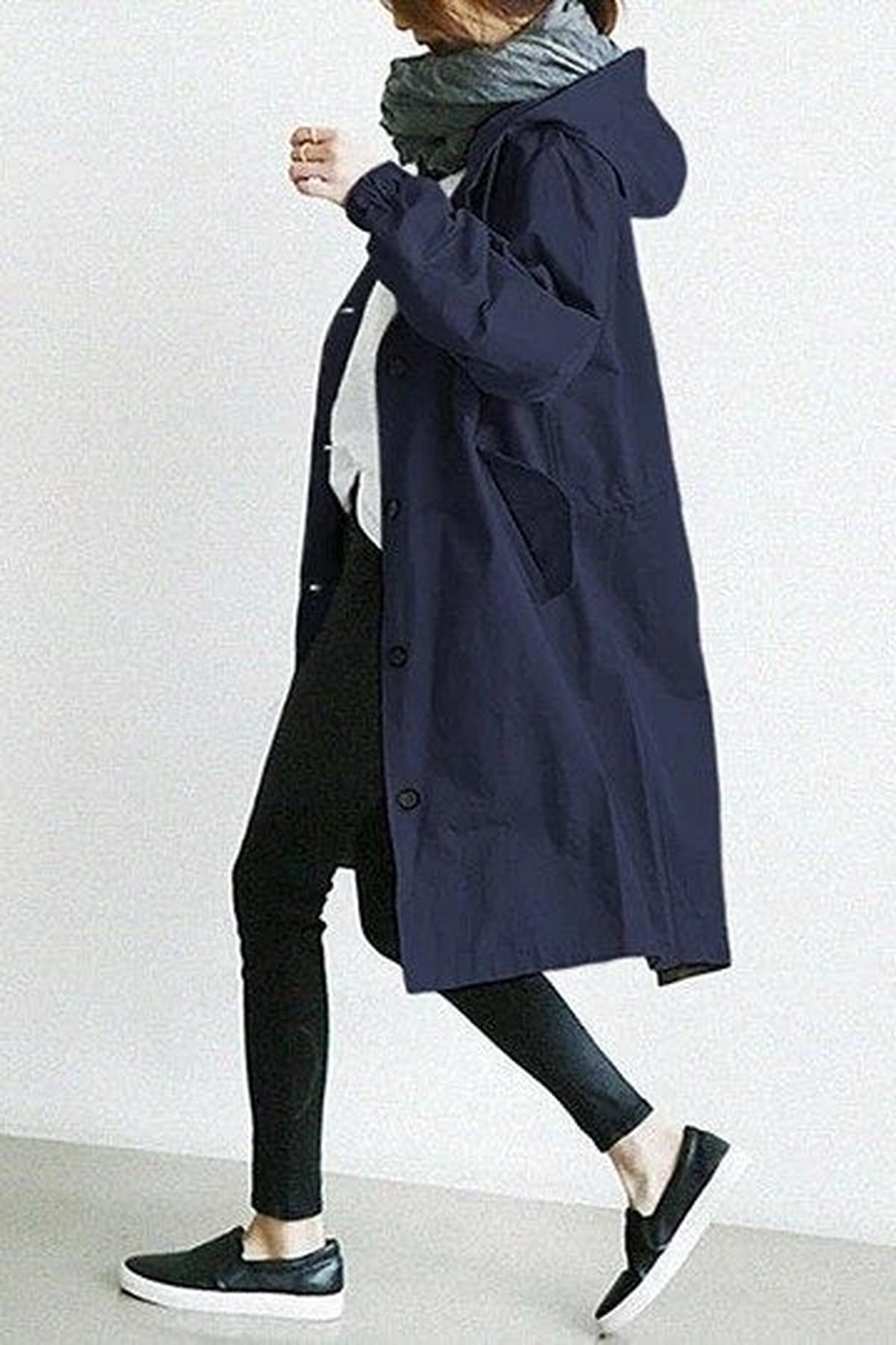 Women&#39;s Long Trench Coat With Hood For Transitional Seasons