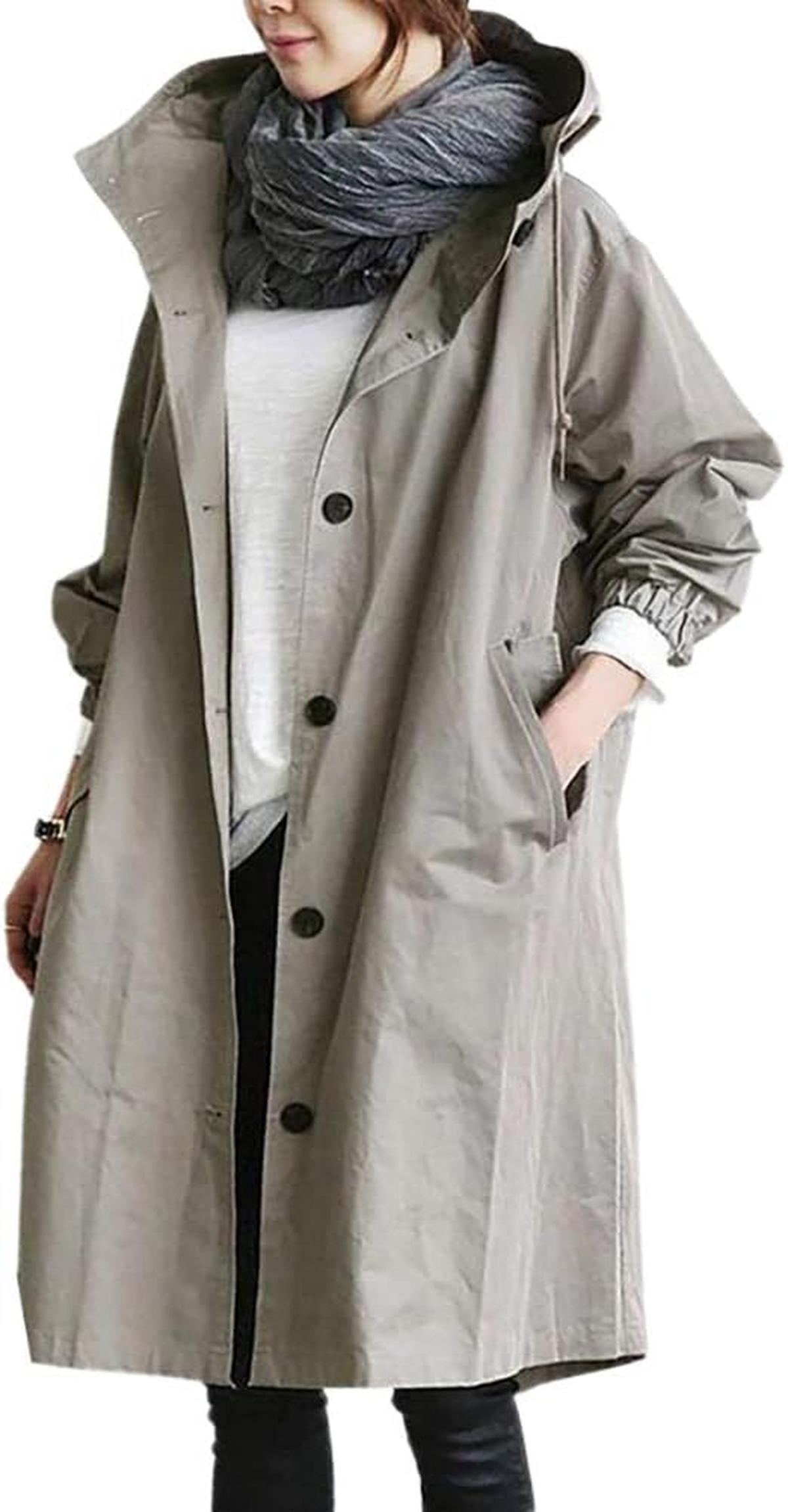 Women&#39;s Long Trench Coat With Hood For Transitional Seasons