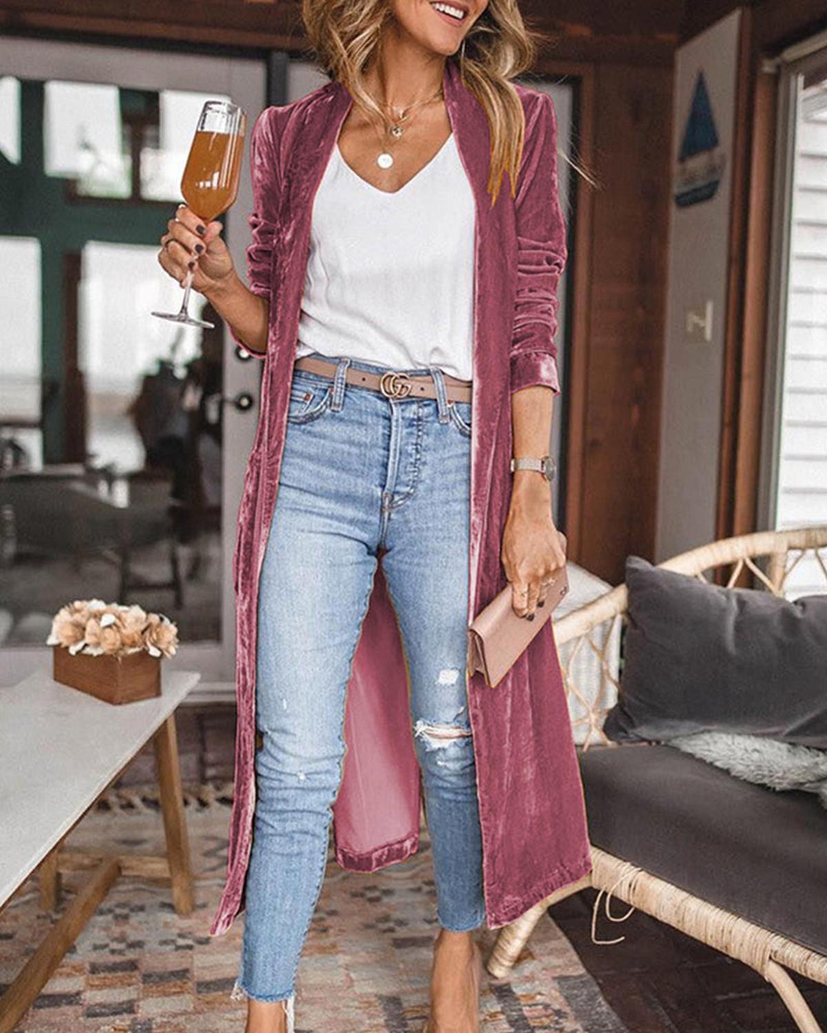 Women&#39;s Long Velvet Duster Cardigan