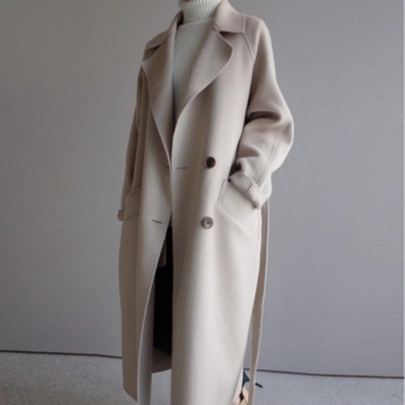 Women&#39;s Long Wool Blend Winter Coat With Belt