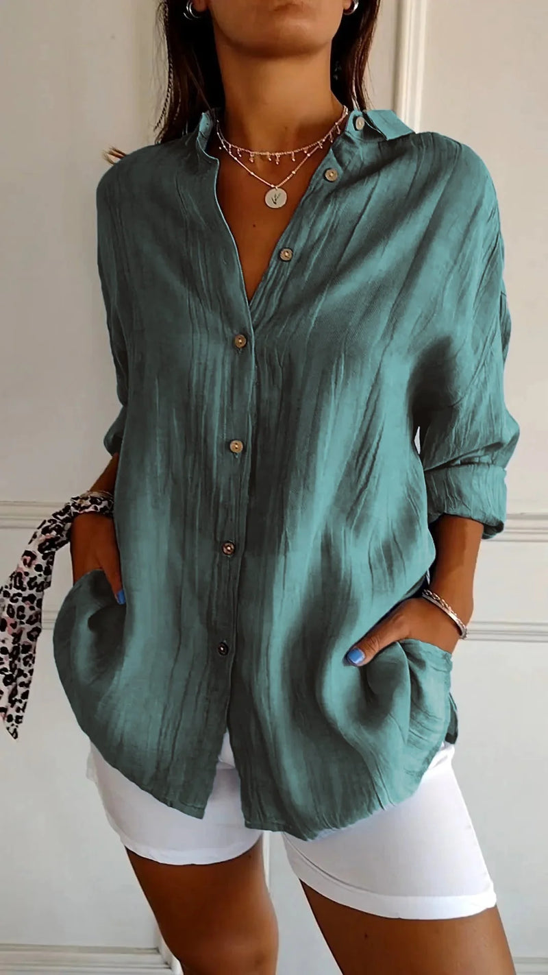 Women’s Loose-Fit Blouse – Lightweight, Button-Up, and Elegantly Pleated