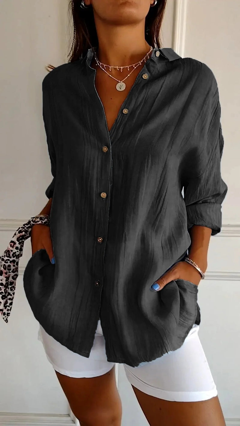 Women’s Loose-Fit Blouse – Lightweight, Button-Up, and Elegantly Pleated