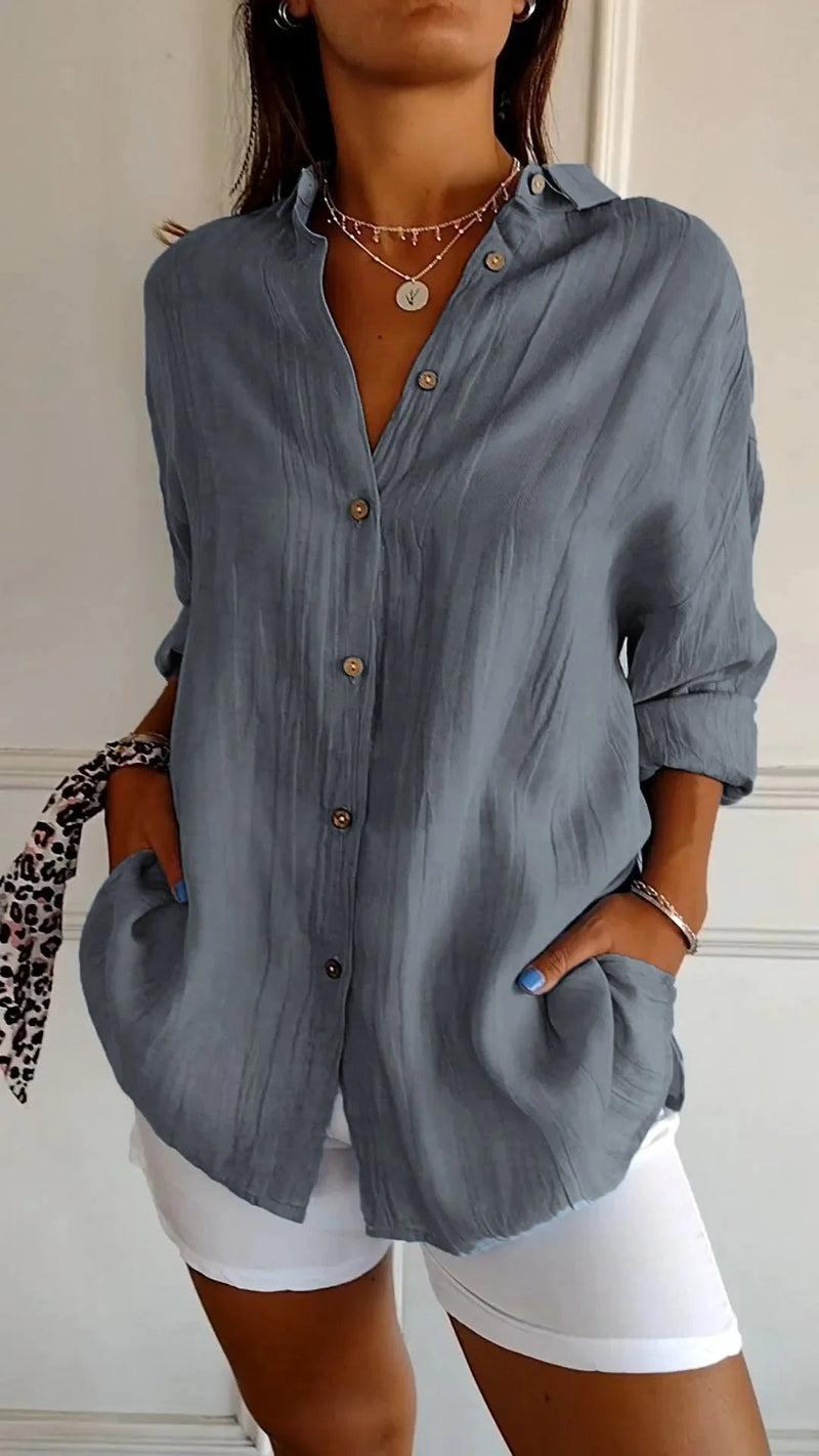 Women’s Loose-Fit Blouse – Lightweight, Button-Up, and Elegantly Pleated