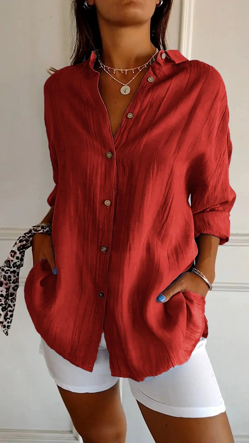 Women’s Loose-Fit Blouse – Lightweight, Button-Up, and Elegantly Pleated