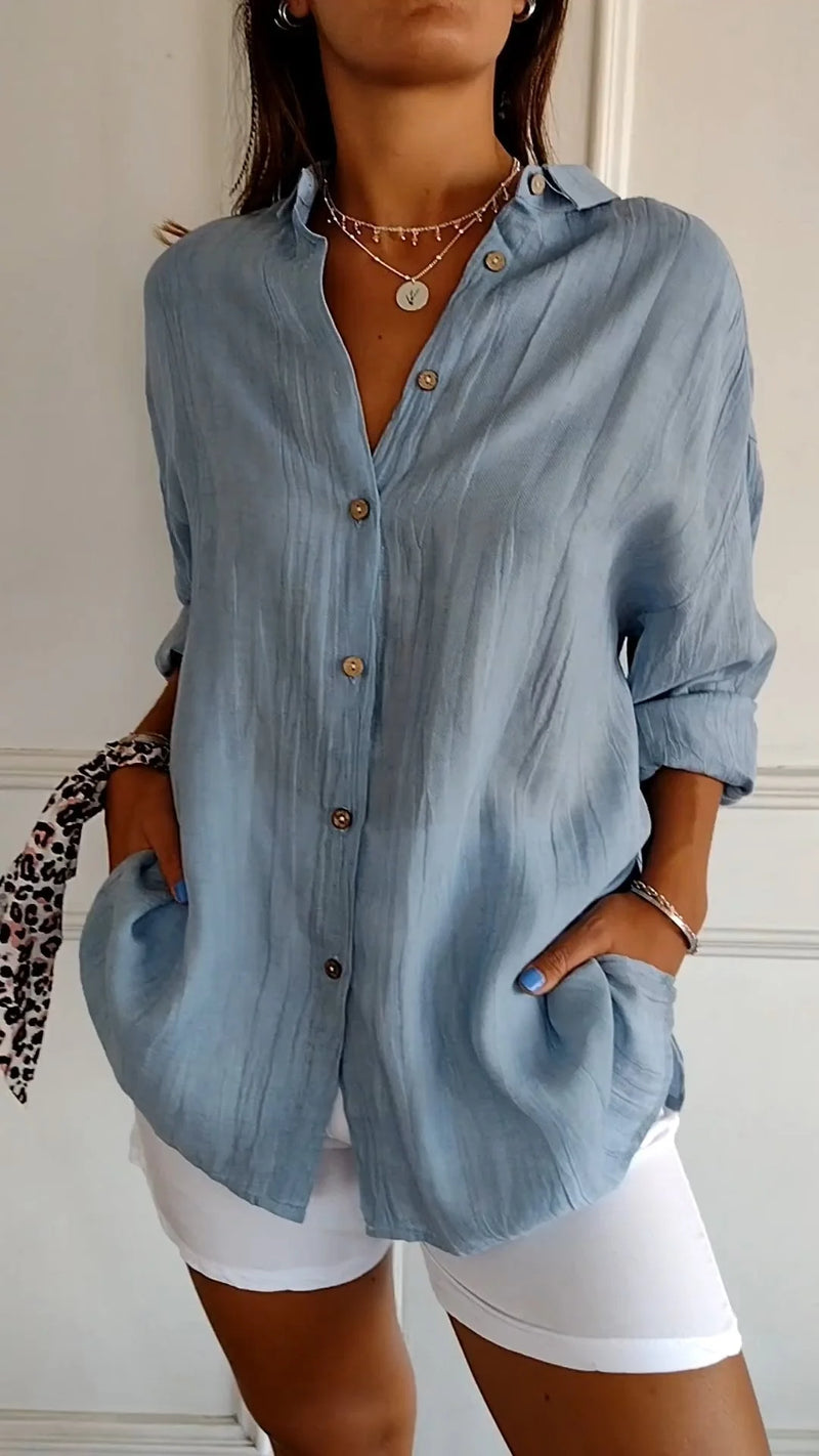 Women’s Loose-Fit Blouse – Lightweight, Button-Up, and Elegantly Pleated