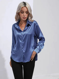 Women&#39;s Loose Satin Long Sleeve Blouse