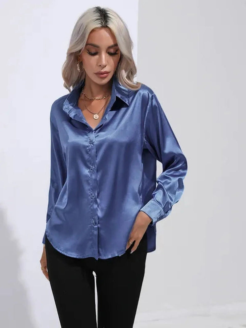 Women&#39;s Loose Satin Long Sleeve Blouse