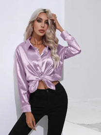 Women&#39;s Loose Satin Long Sleeve Blouse