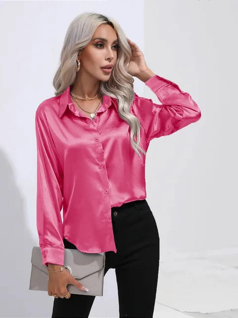 Women&#39;s Loose Satin Long Sleeve Blouse