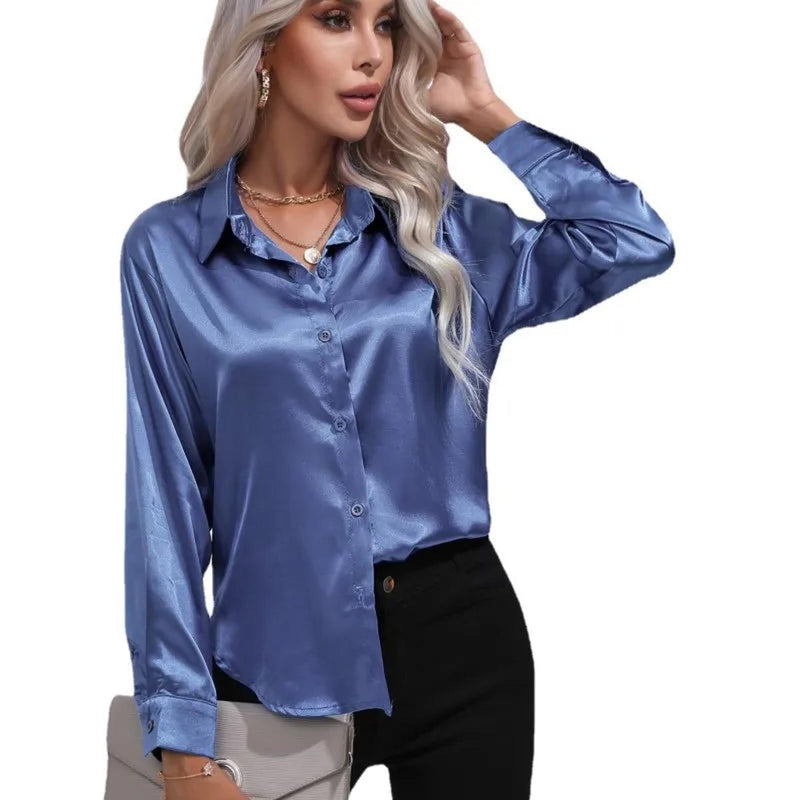Women&#39;s Loose Satin Long Sleeve Blouse