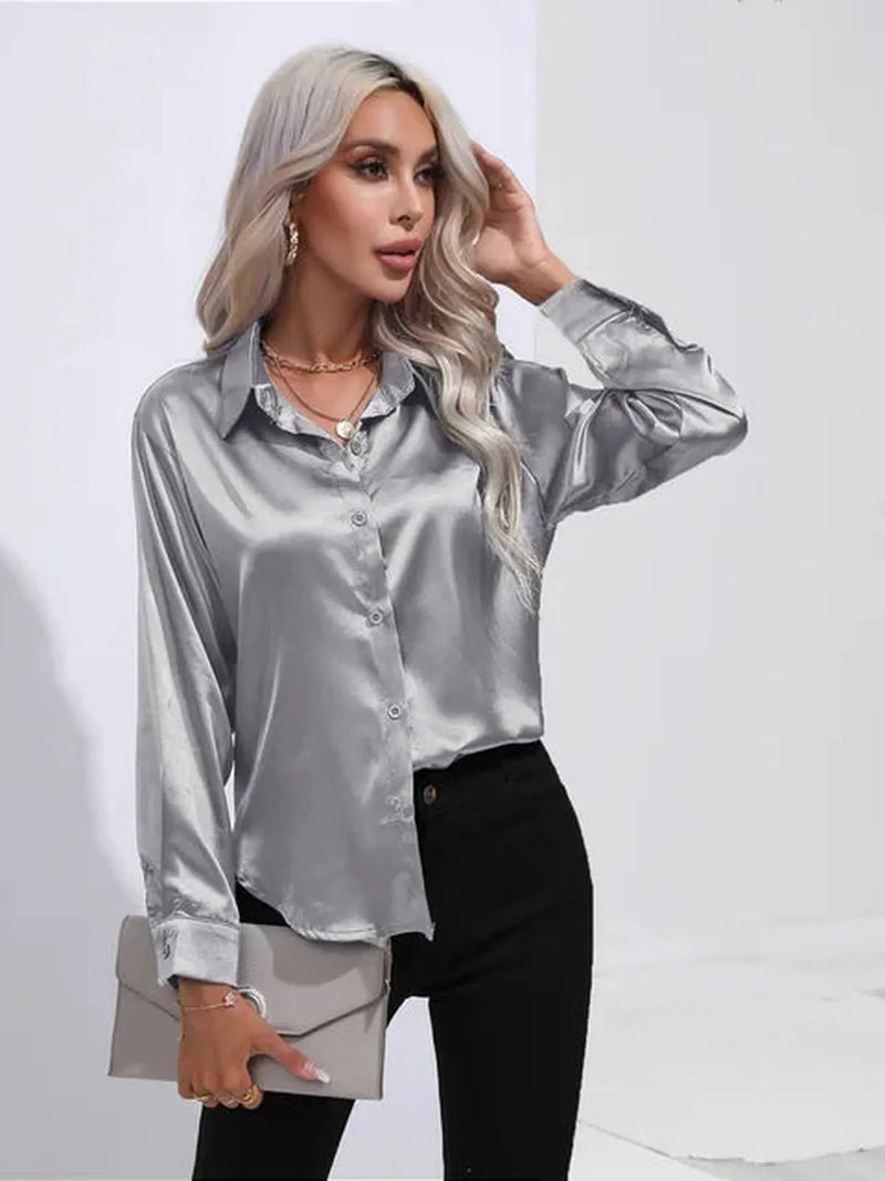 Women&#39;s Loose Satin Long Sleeve Blouse