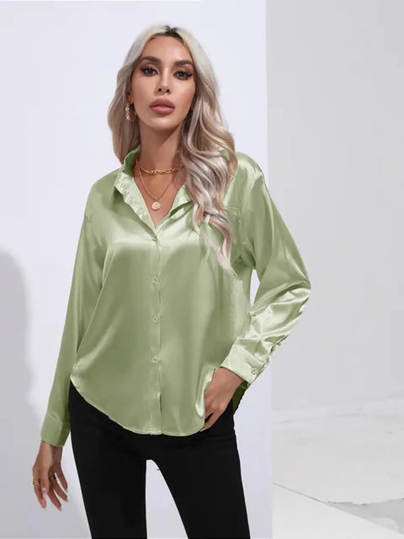 Women&#39;s Loose Satin Long Sleeve Blouse