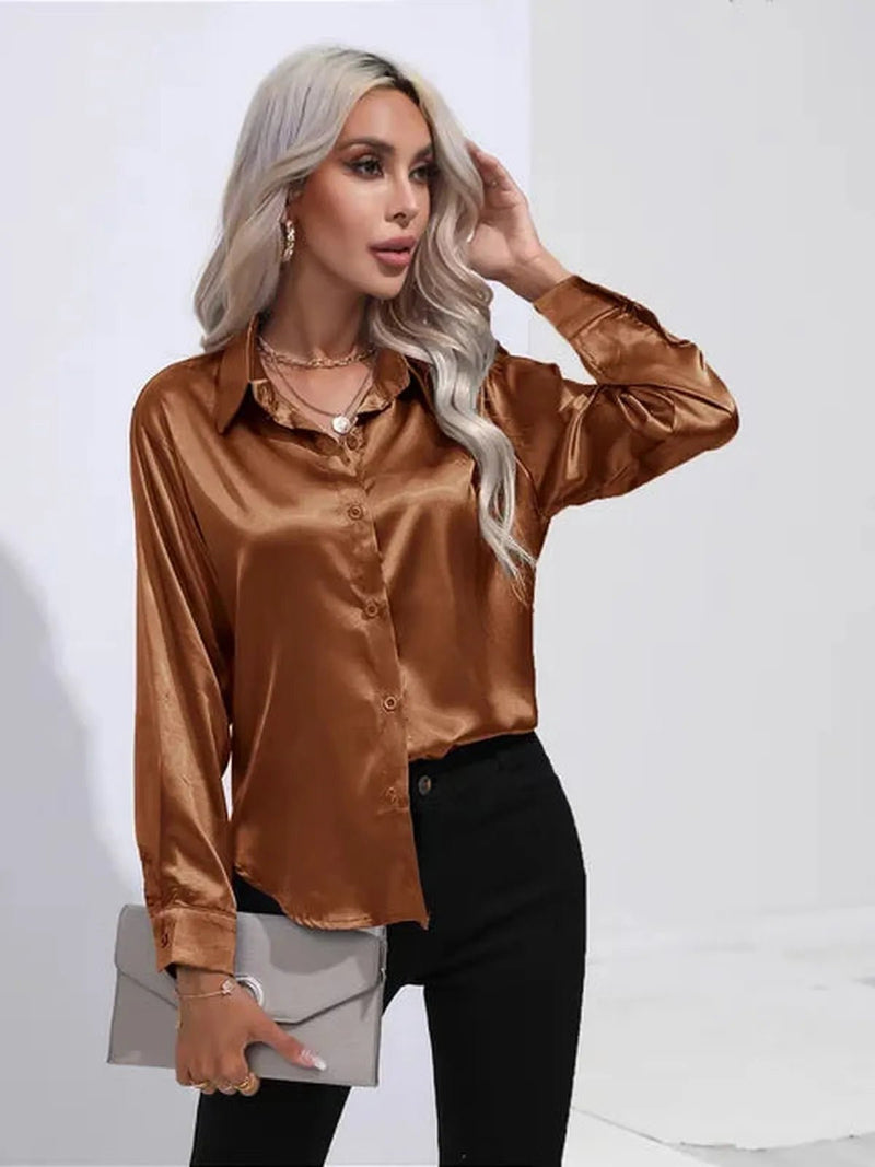 Women&#39;s Loose Satin Long Sleeve Blouse