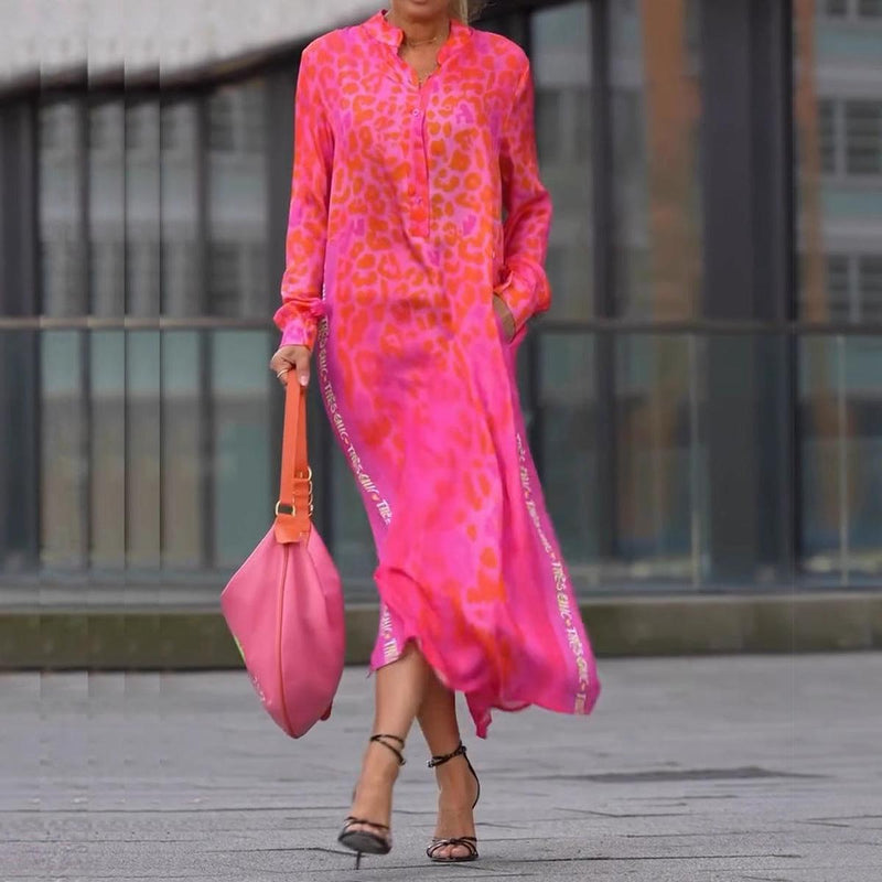 Women&#39;s Maxi Dress With Button-Down Front And Animal Print