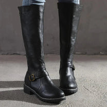 Women&#39;s Mid-Calf Leather Boots With Low Heel And Inner Zipper