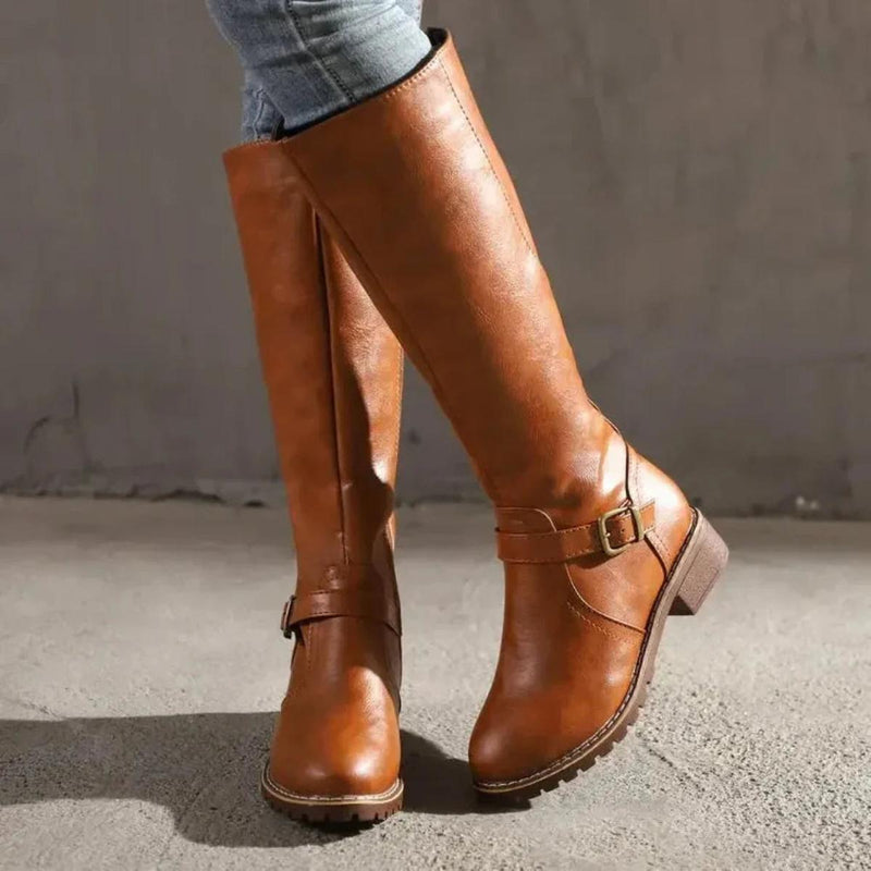 Women&#39;s Mid-Calf Leather Boots With Low Heel And Inner Zipper