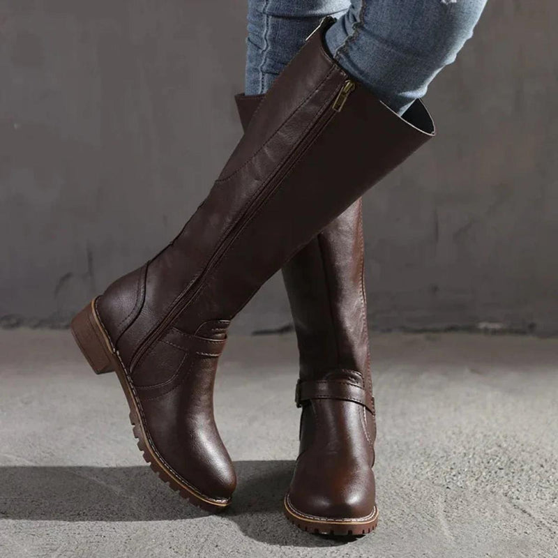 Women&#39;s Mid-Calf Leather Boots With Low Heel And Inner Zipper