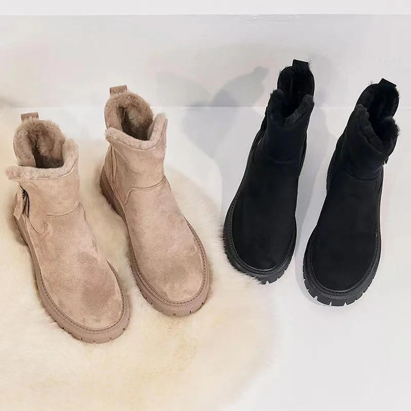 Women&#39;s Mid-Calf Snow Boots With Fur Lining And Platform Heel