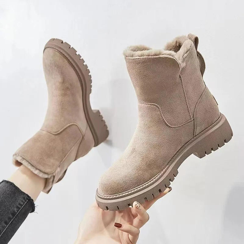 Women&#39;s Mid-Calf Snow Boots With Fur Lining And Platform Heel