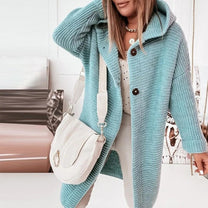 Women&#39;s Mid-Length Knit Cardigan With Hood And Buttons
