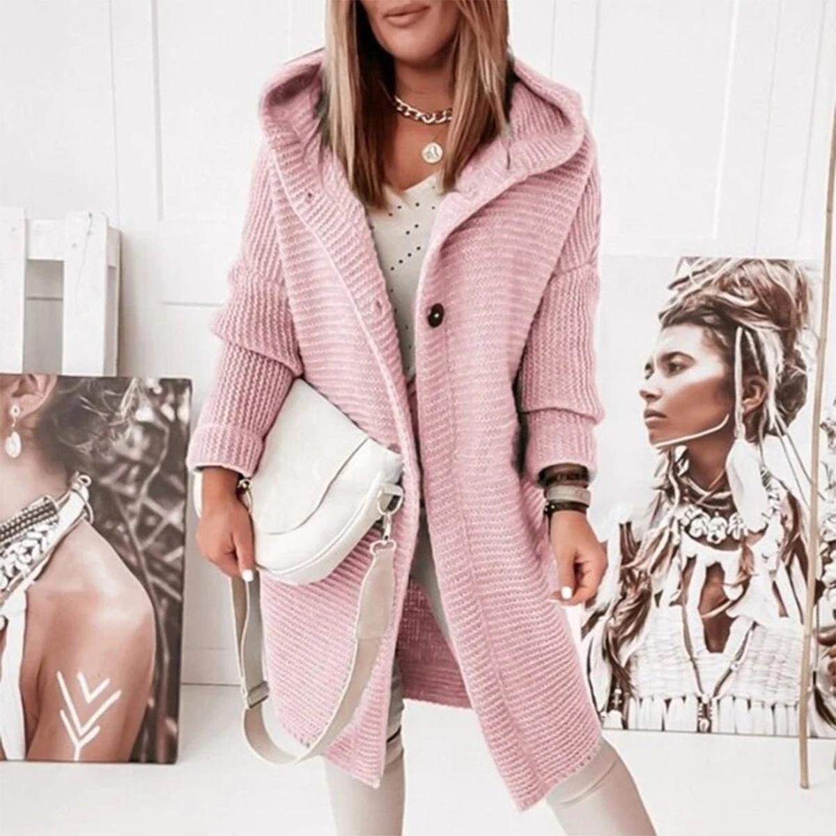 Women&#39;s Mid-Length Knit Cardigan With Hood And Buttons