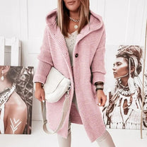 Women&#39;s Mid-Length Knit Cardigan With Hood And Buttons
