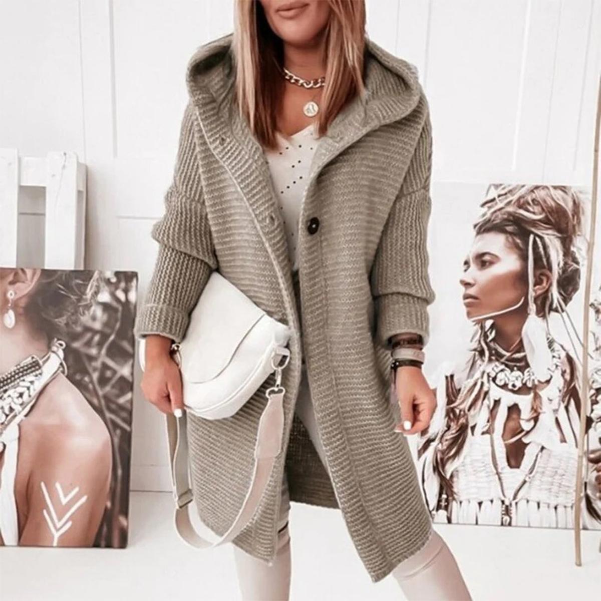Women&#39;s Mid-Length Knit Cardigan With Hood And Buttons