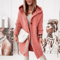 Women&#39;s Mid-Length Knit Cardigan With Hood And Buttons