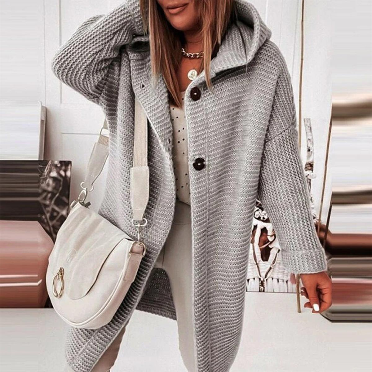 Women&#39;s Mid-Length Knit Cardigan With Hood And Buttons