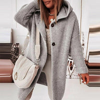 Women&#39;s Mid-Length Knit Cardigan With Hood And Buttons
