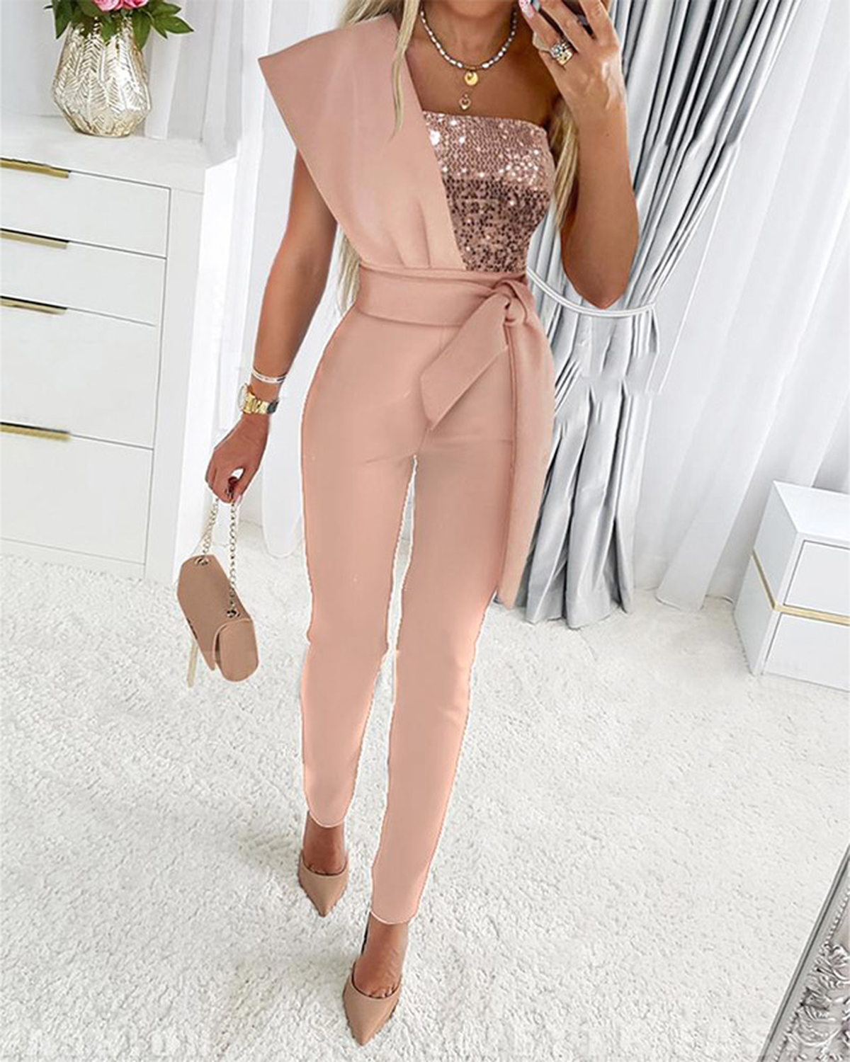Women&#39;s One-Shoulder Festive Jumpsuit With Sequins