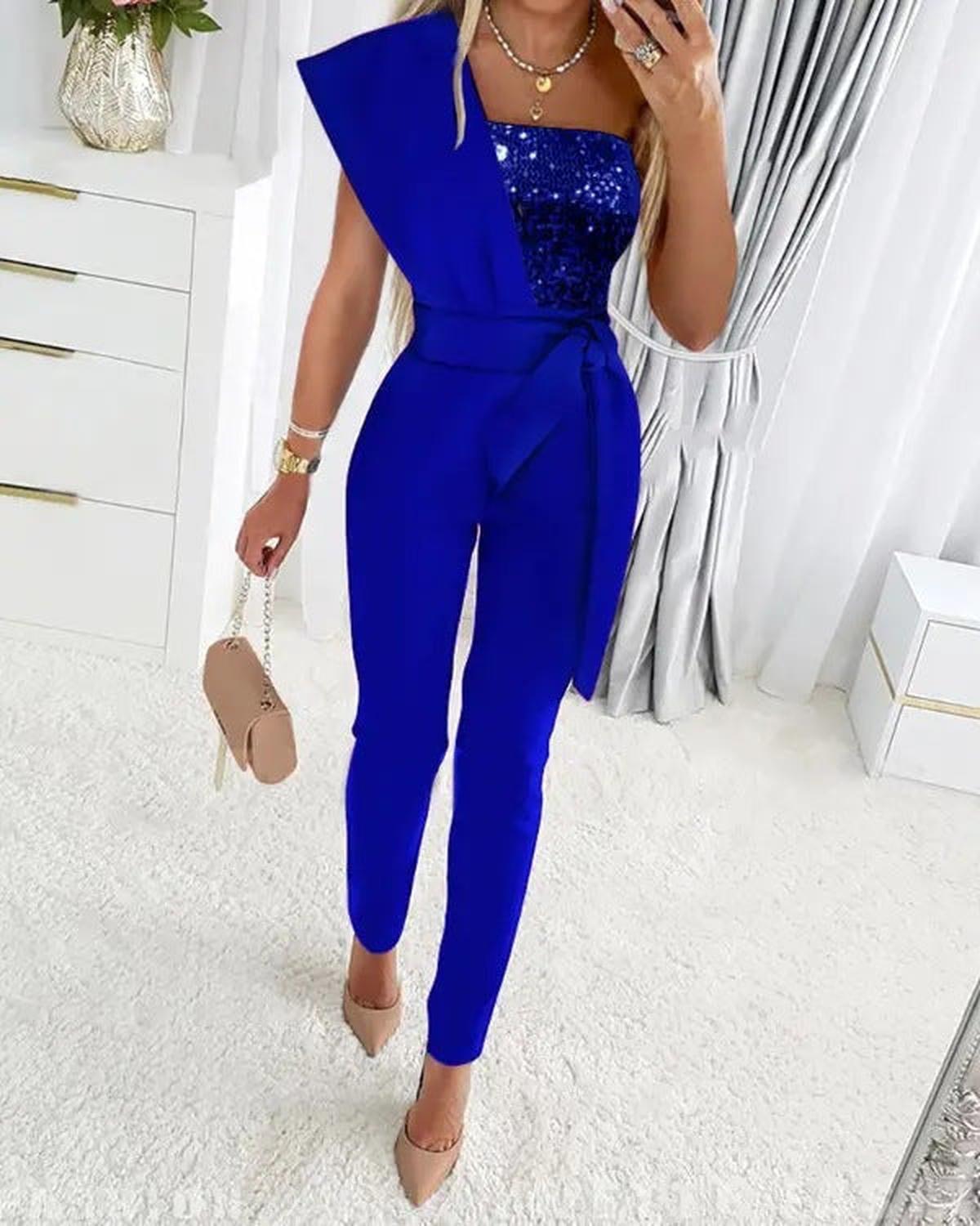 Women&#39;s One-Shoulder Festive Jumpsuit With Sequins