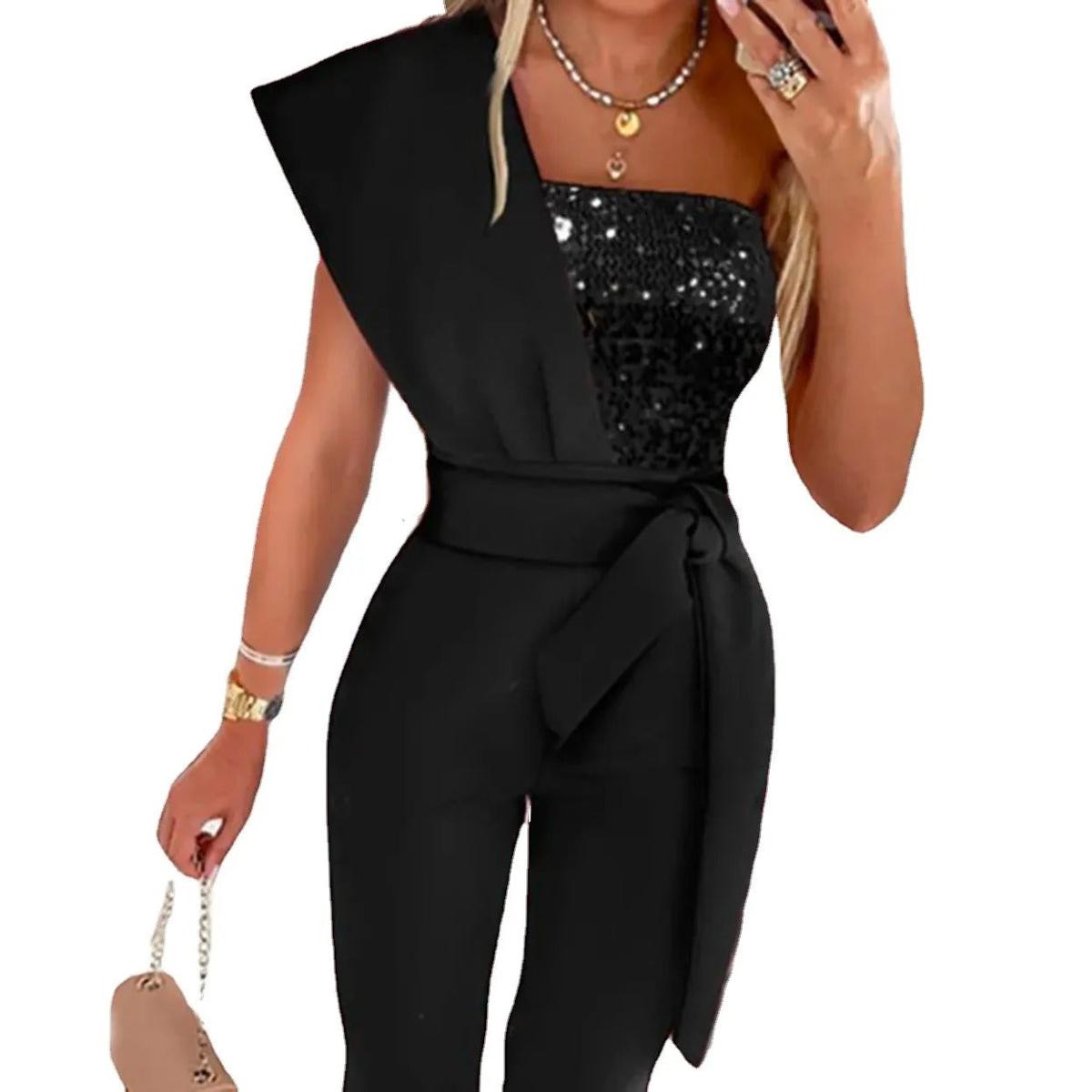 Women&#39;s One-Shoulder Festive Jumpsuit With Sequins