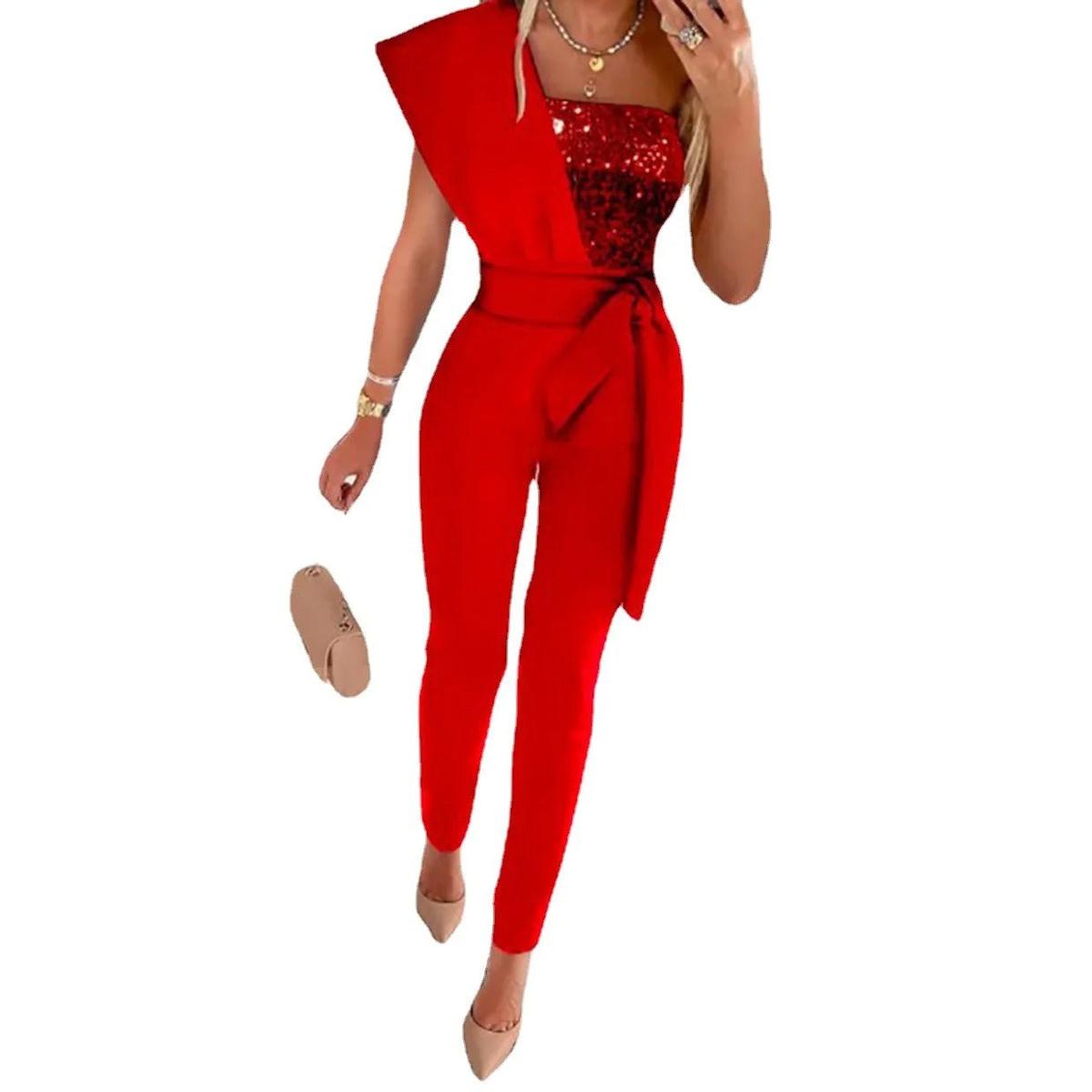Women&#39;s One-Shoulder Festive Jumpsuit With Sequins