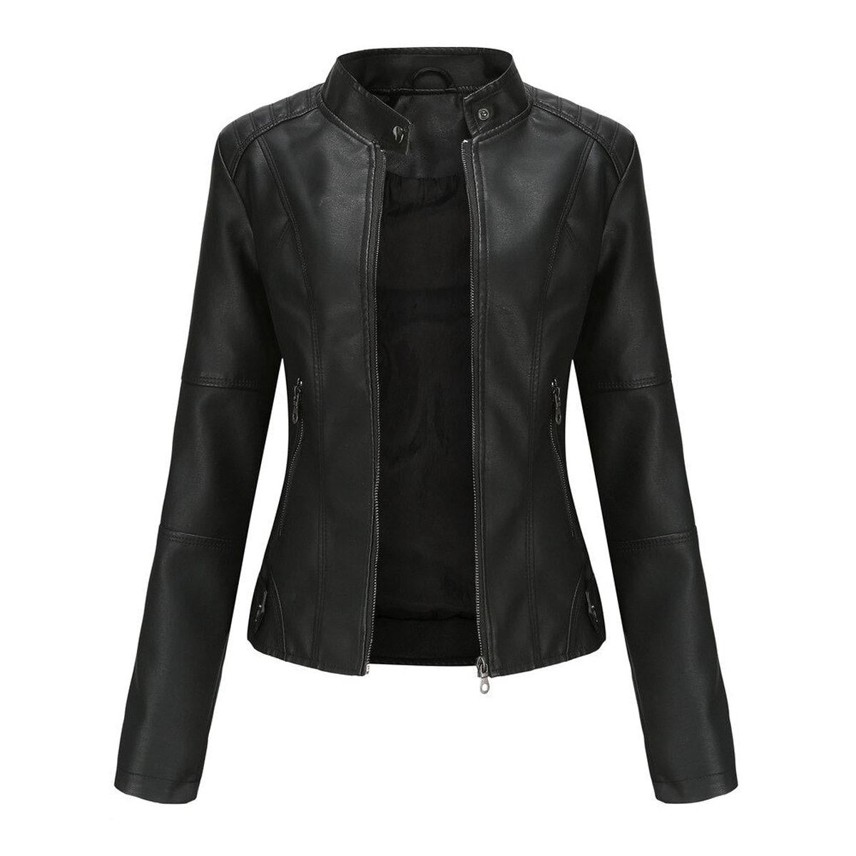 Women&#39;s PU Leather Jacket With Mao Collar