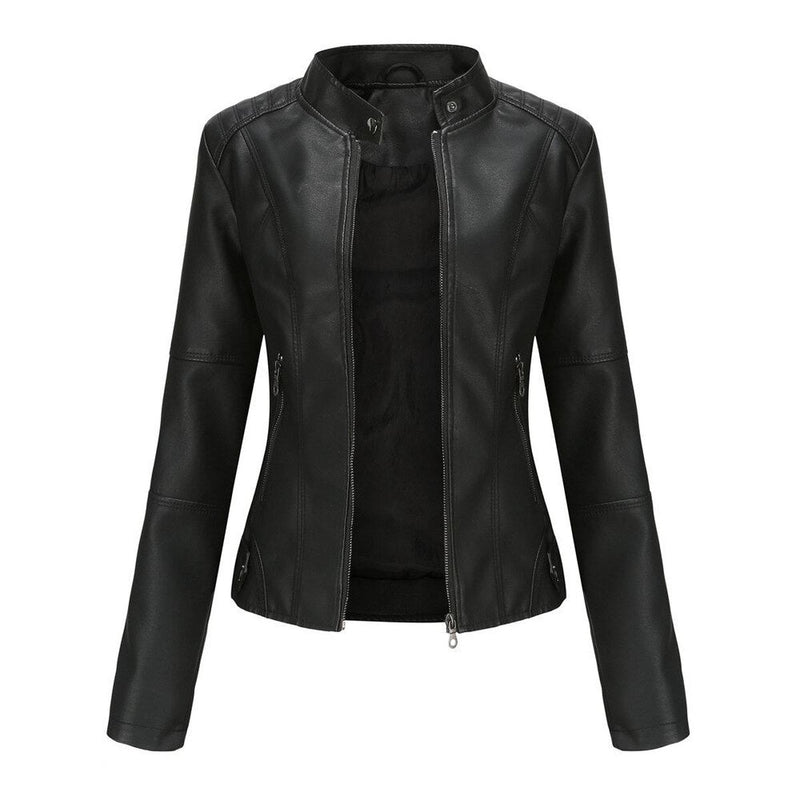 Women&#39;s PU Leather Jacket With Mao Collar