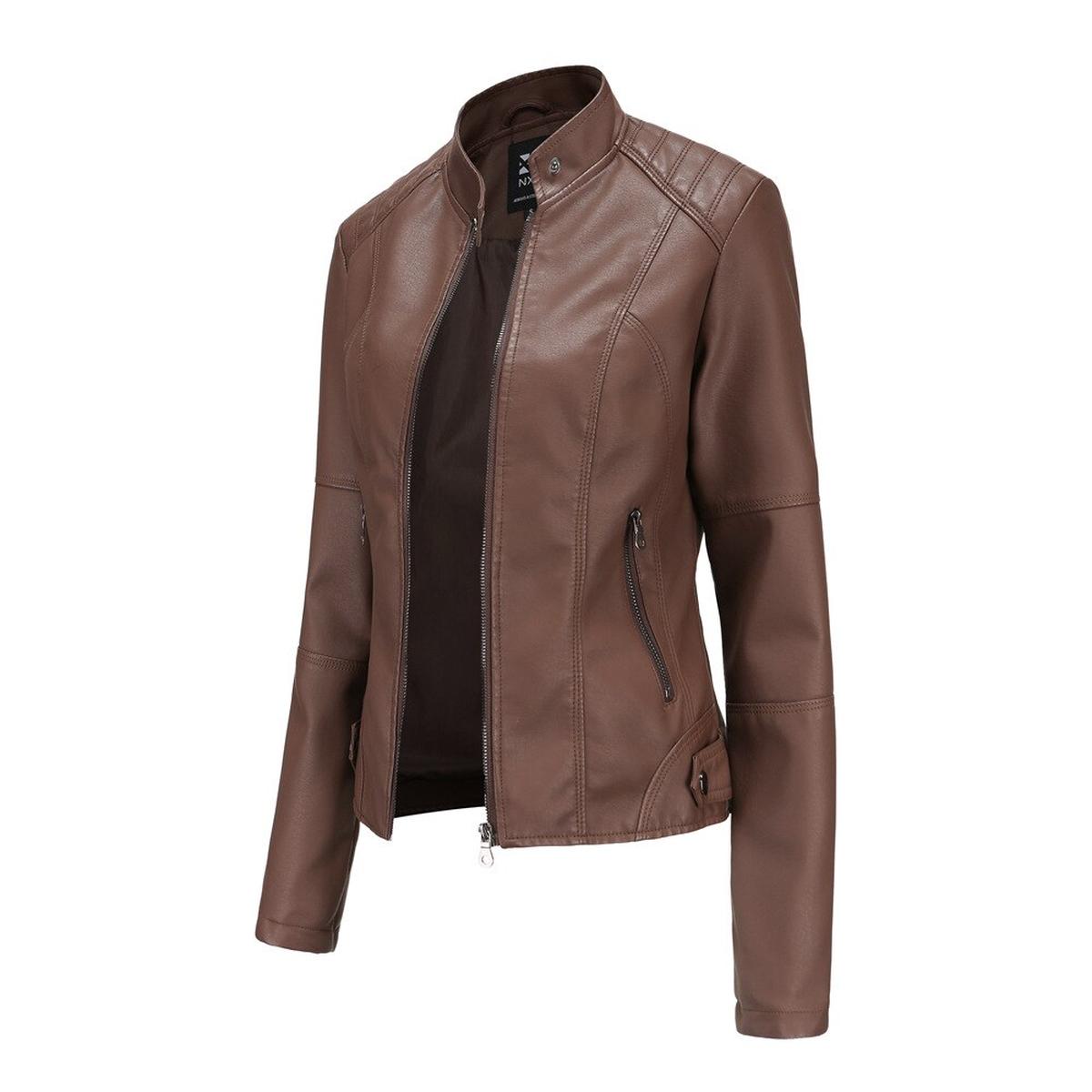 Women&#39;s PU Leather Jacket With Mao Collar