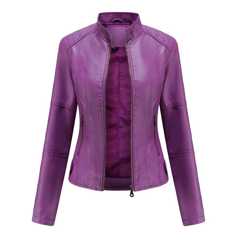 Women&#39;s PU Leather Jacket With Mao Collar