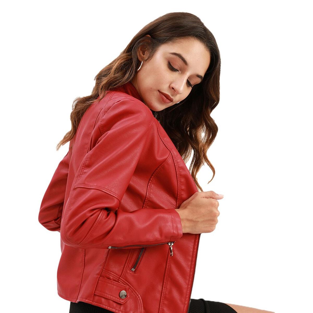 Women&#39;s PU Leather Jacket With Mao Collar