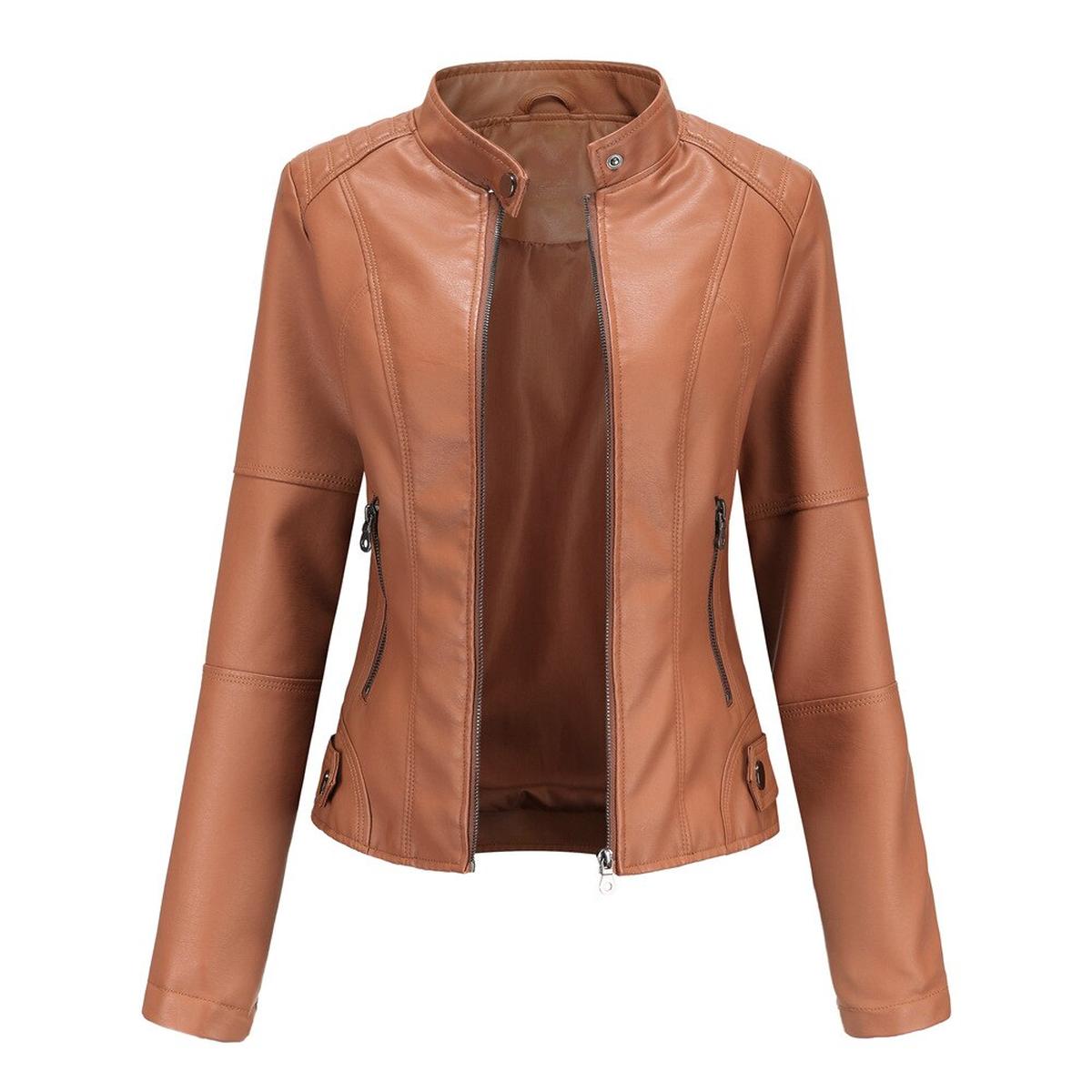 Women&#39;s PU Leather Jacket With Mao Collar