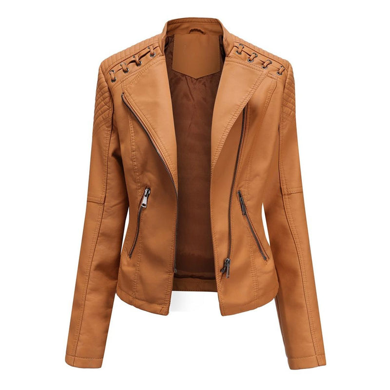 Women&#39;s PU Leather Motorcycle Jacket for Casual and Outdoor Wear