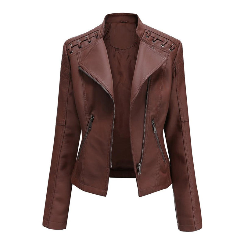 Women&#39;s PU Leather Motorcycle Jacket for Casual and Outdoor Wear
