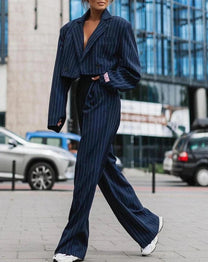 Women&#39;s Pinstripe Wide-Leg High-Waist Trouser Suit